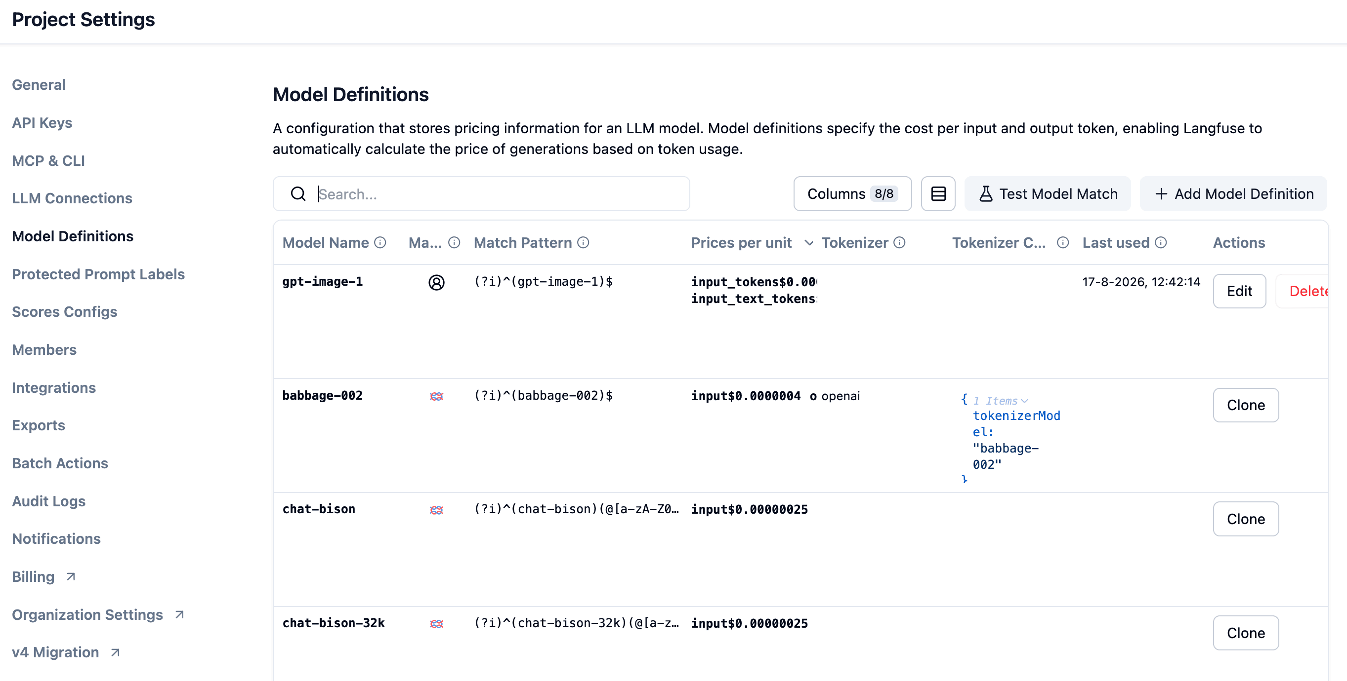 Model Definitions table in Langfuse Project Settings, showing match
patterns, prices per unit, and tokenizers per
model