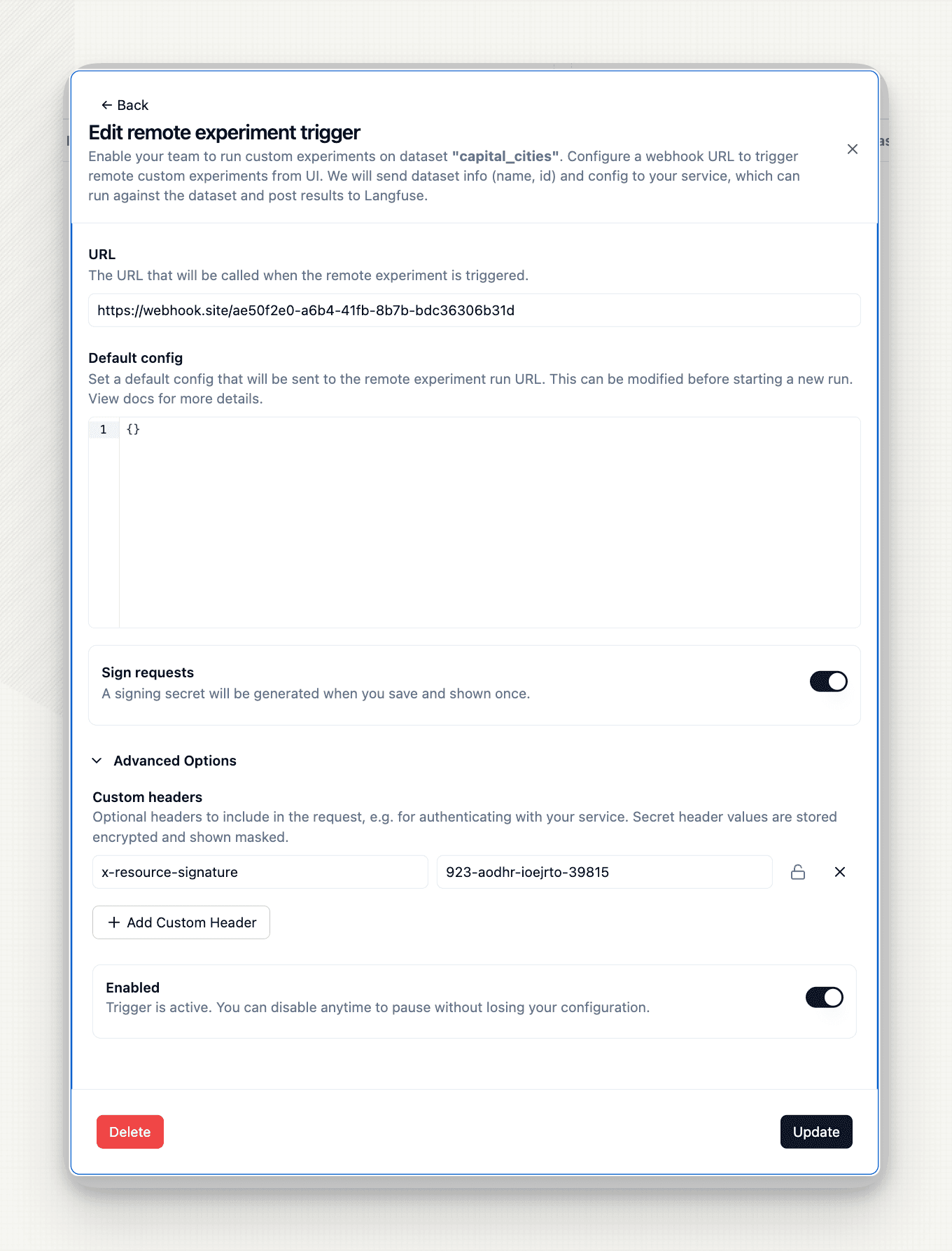 Remote experiment trigger setup form with request signing and custom headers