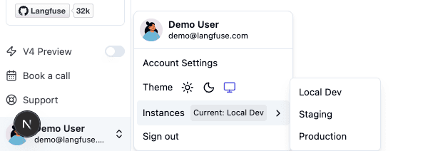 Instance switcher in the Langfuse sidebar user
menu